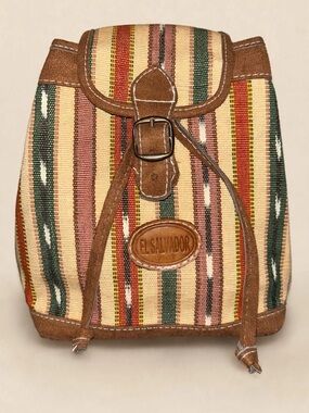 Multicolor Striped Canvas Mini Backpack Suede Trim Drawstring Boho Bag